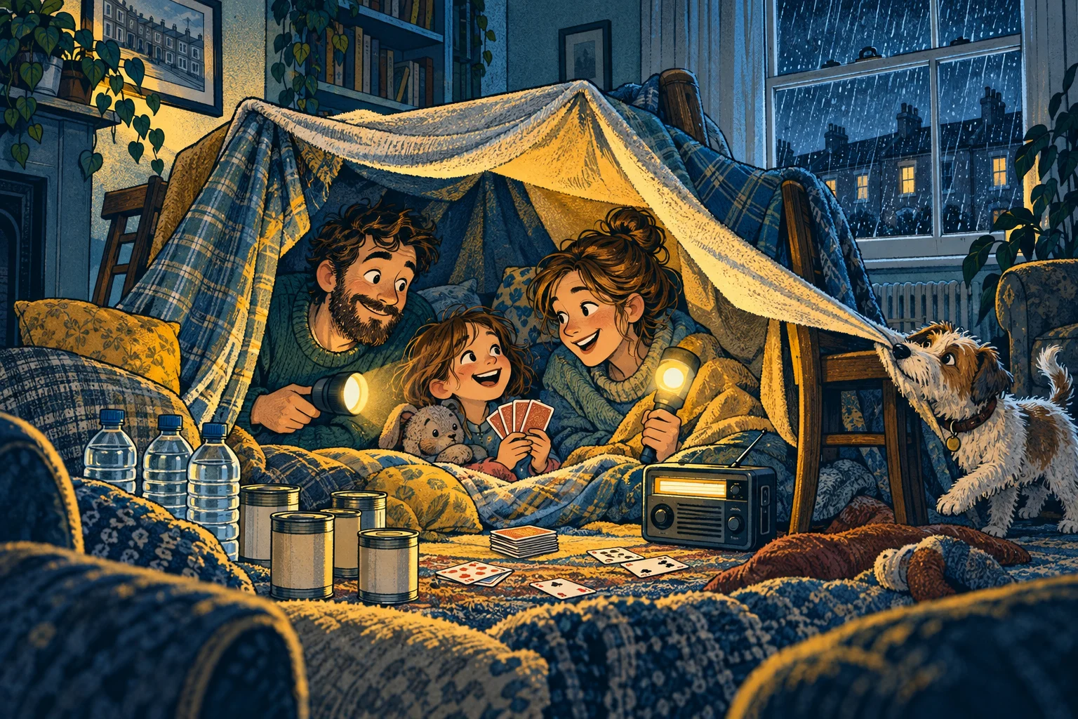 Cartoon family enjoying a blanket fort, radio and emergency supplies during a rainy power cut